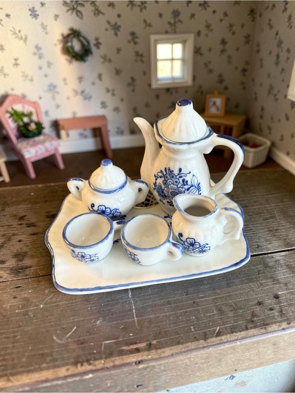 Vintage miniature White and Blue Porcelain Tea Set - Classic Floral Design